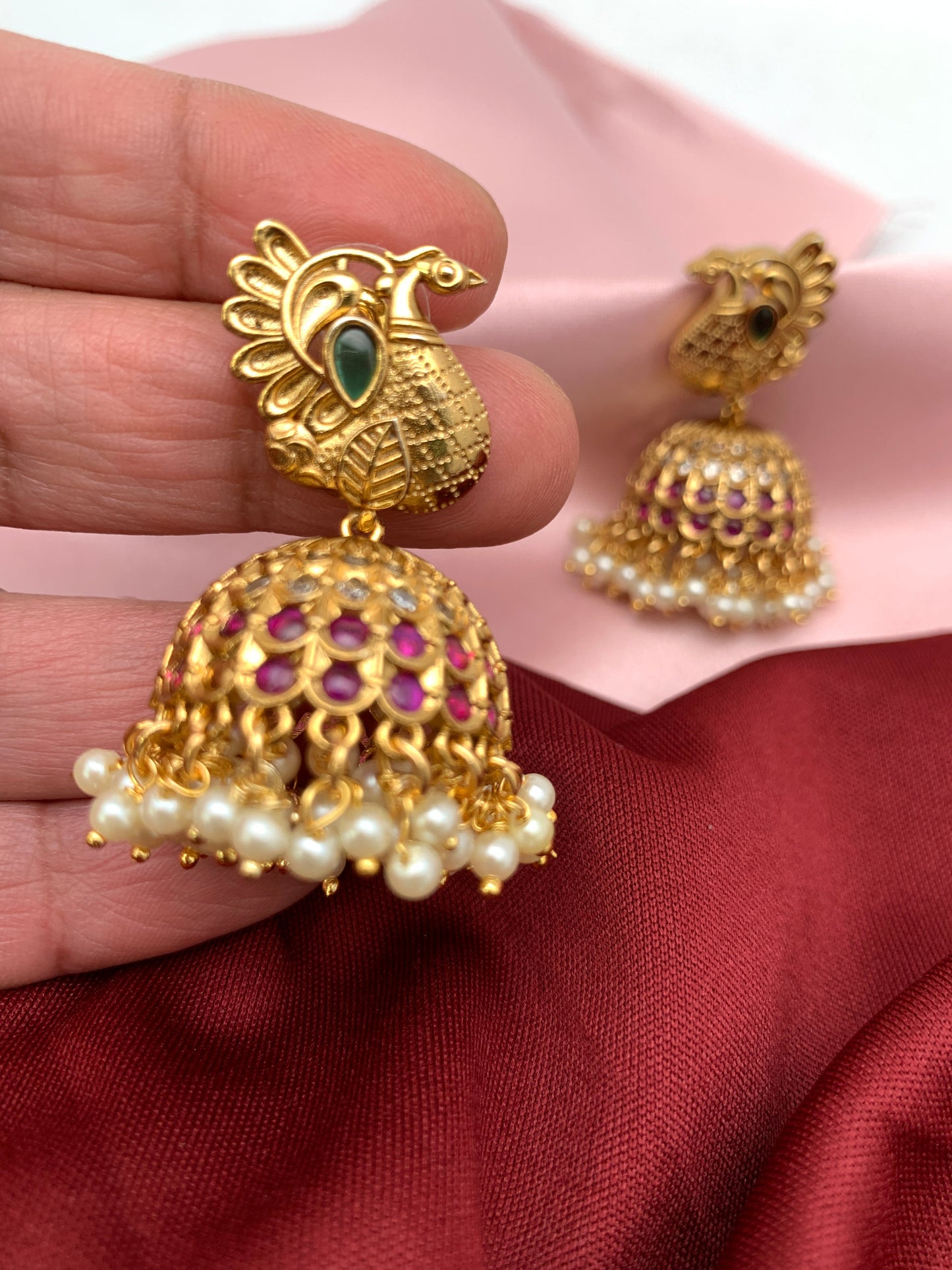 Peacock Red Stone Matte Finish Jhumki