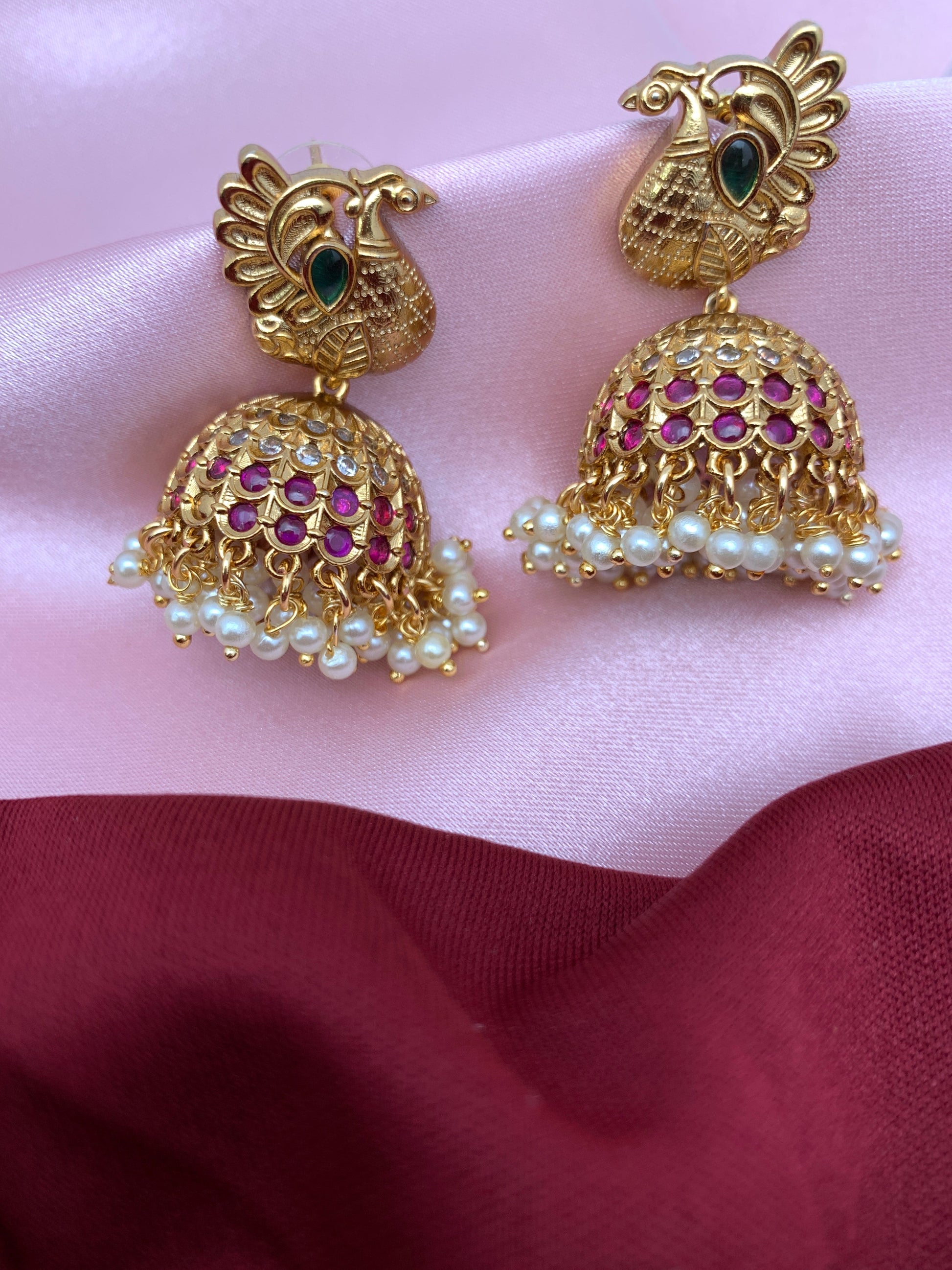 Peacock Red Stone Matte Finish Jhumki