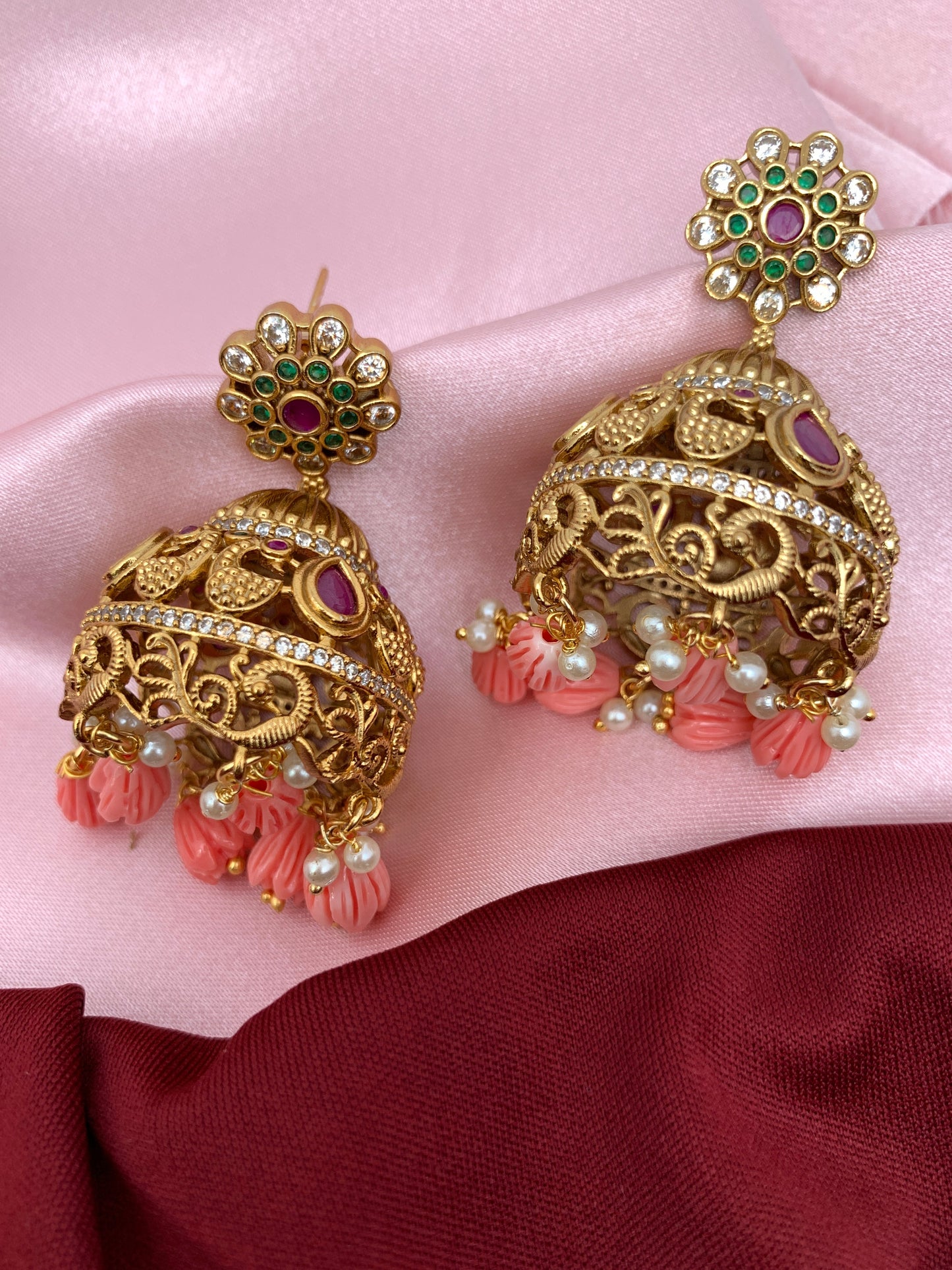 Peacock Red Stone Pink Tulip Beads Matte Finish Jhumki