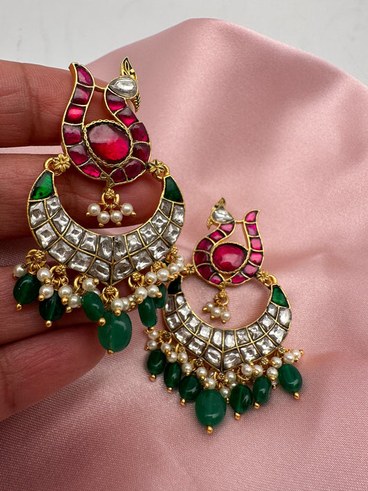 Red Green Jadau Kundan Peacock Design Chandbali Earrings