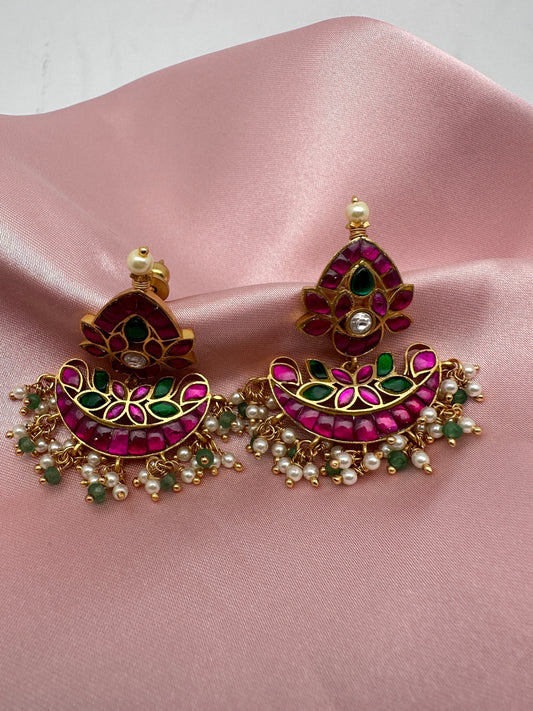 Pink Green Jadau Kundan Earrings