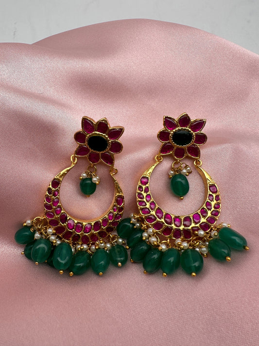 Red Green Jadau Kundan Floral Design Chandbali Earrings