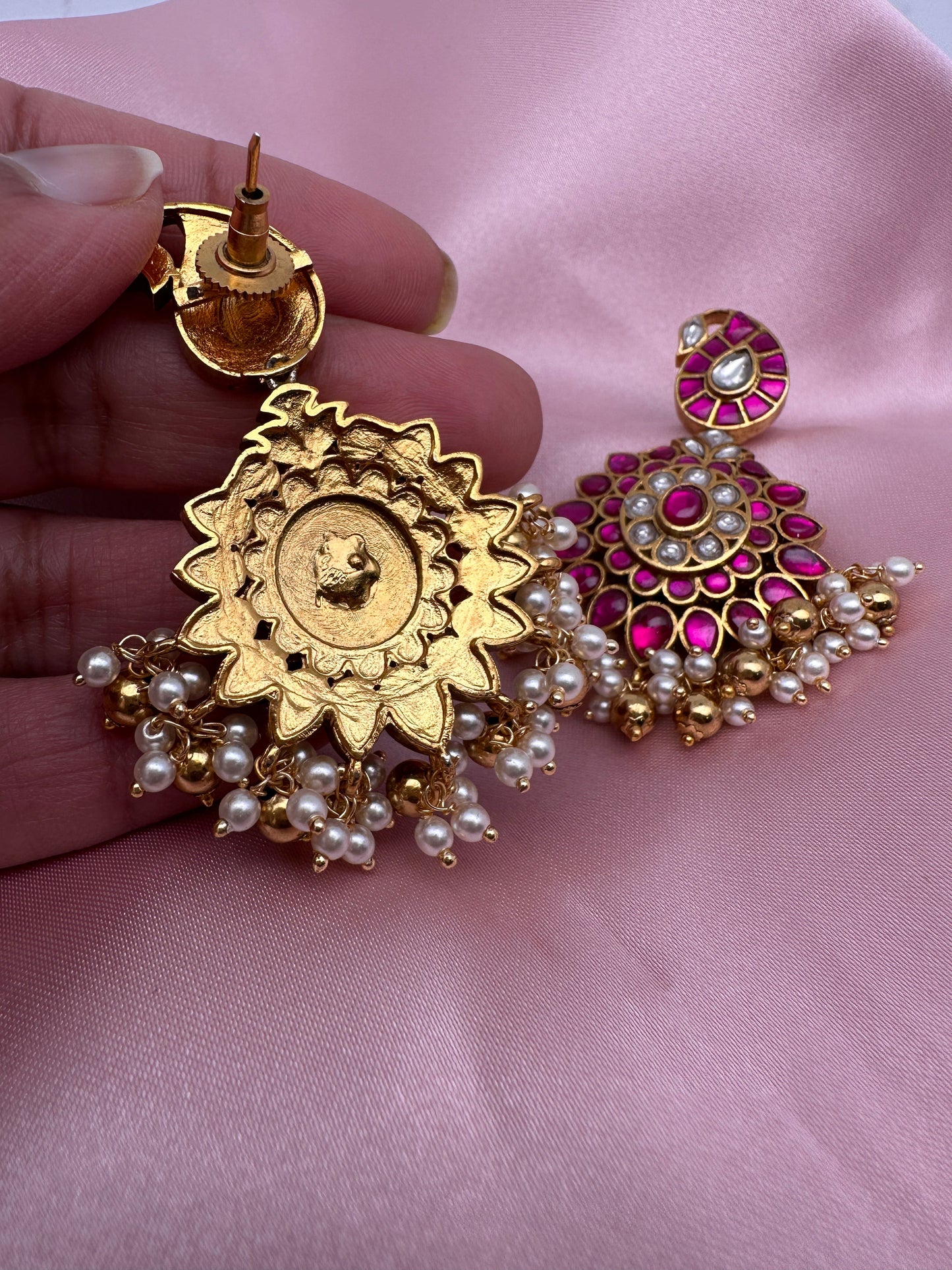 Pink Jadau Kundan Mango Design Earrings