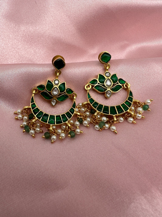 Green Jadau Kundan Lotus Design Earrings