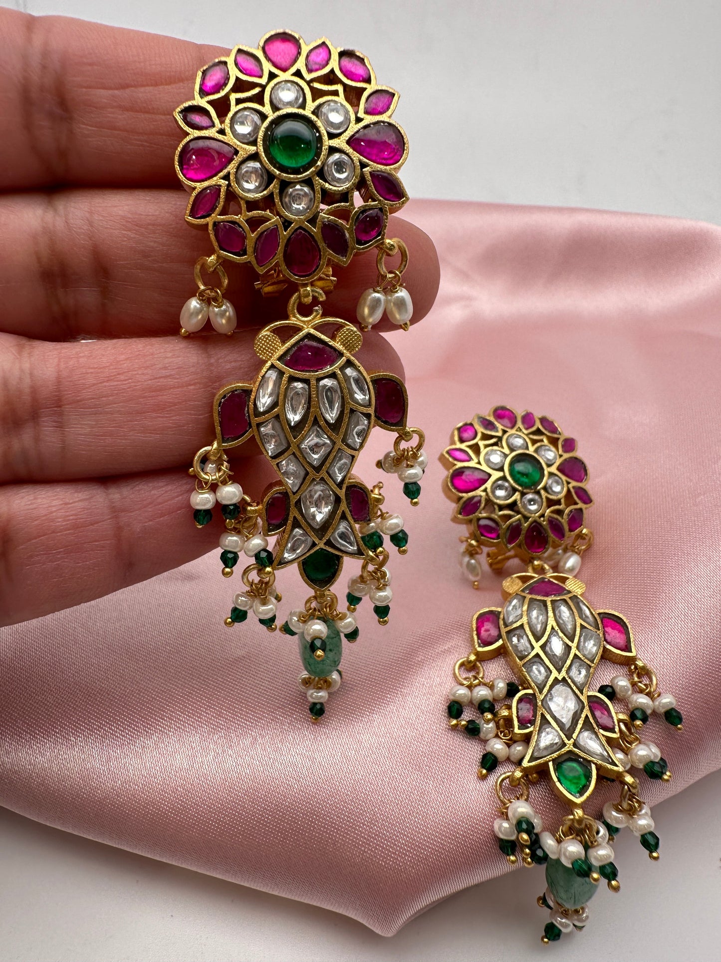 Red Green Jadau Kundan Fish Design Earrings