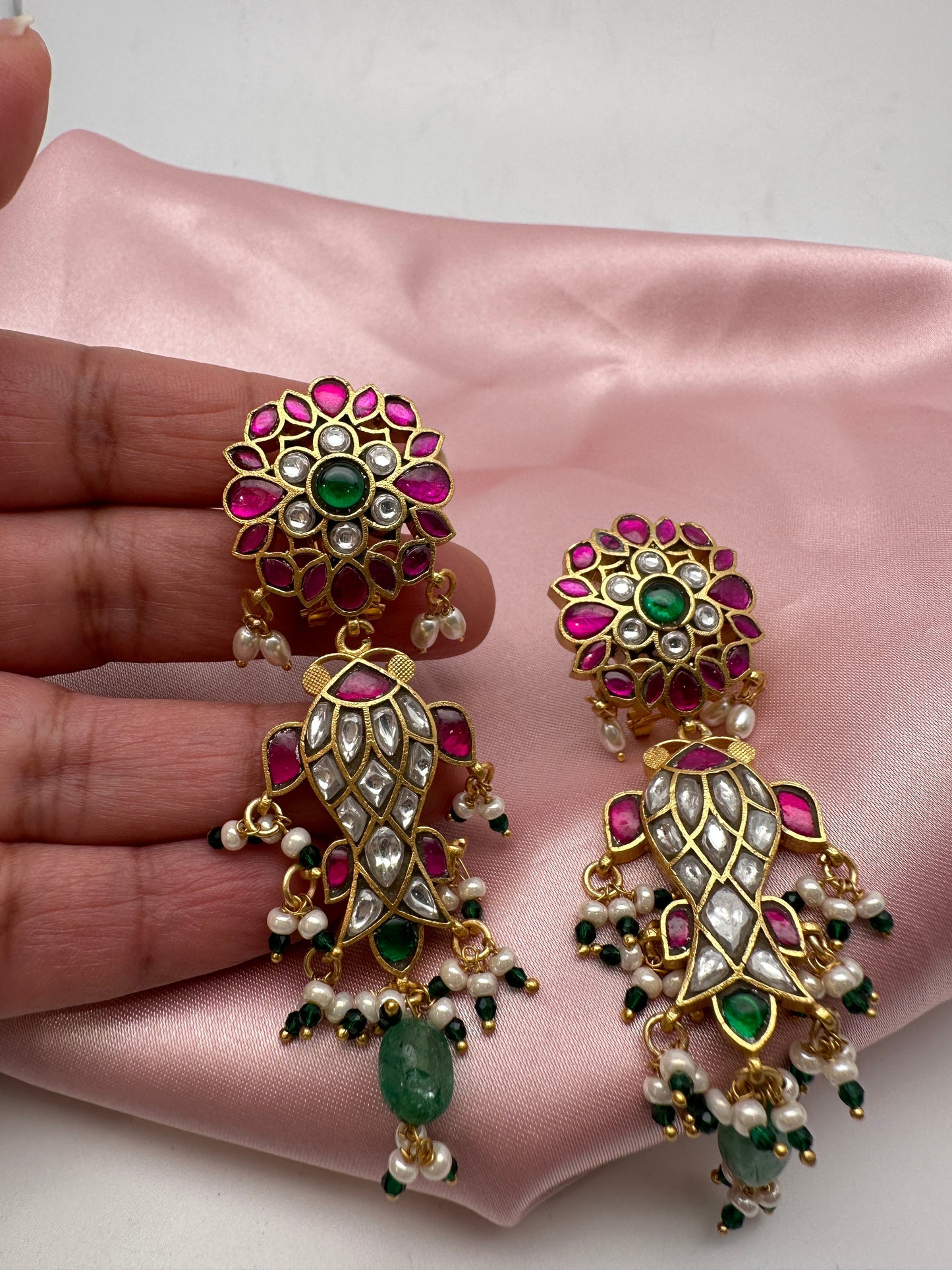 Red Green Jadau Kundan Fish Design Earrings