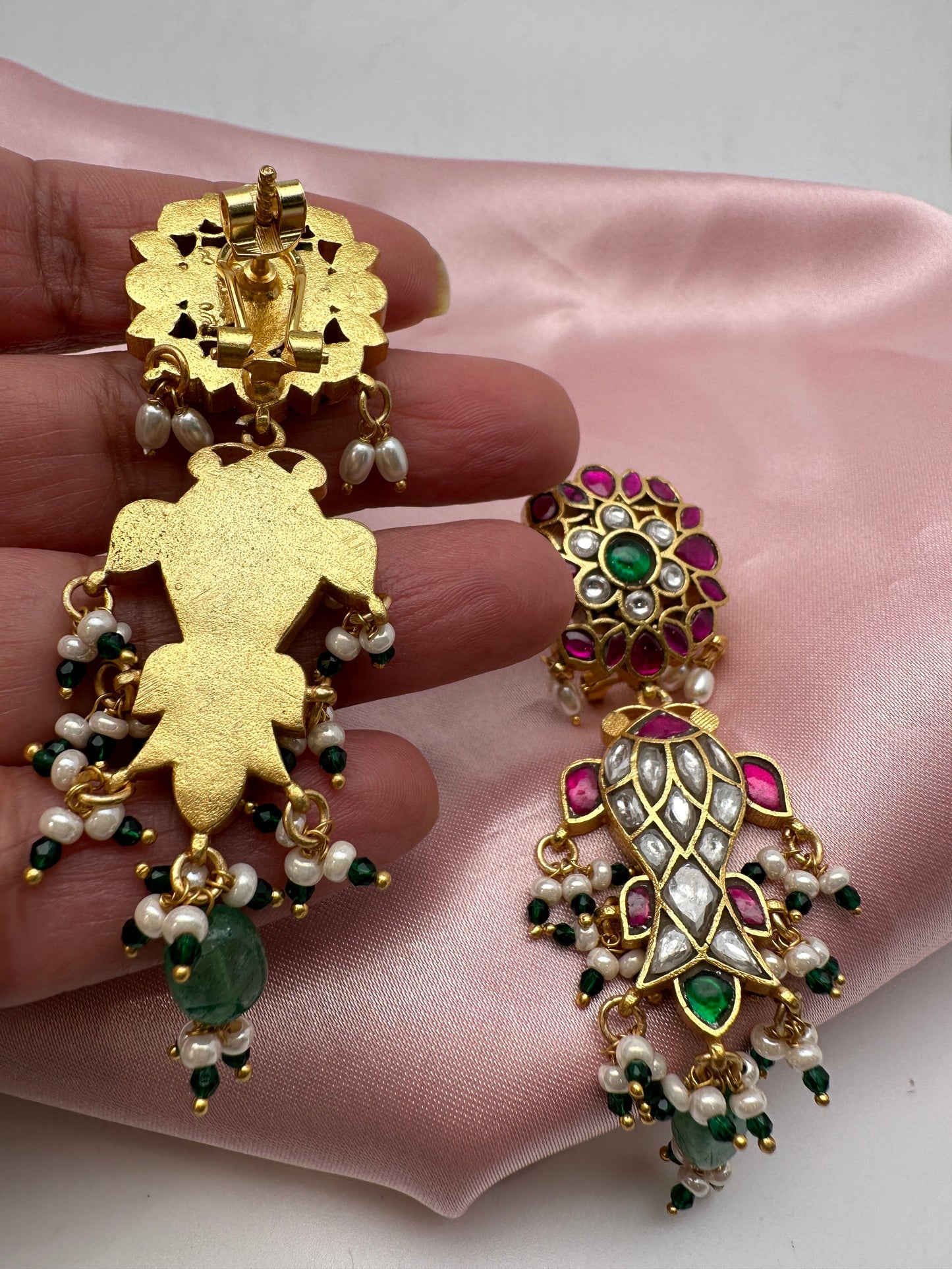 Red Green Jadau Kundan Fish Design Earrings