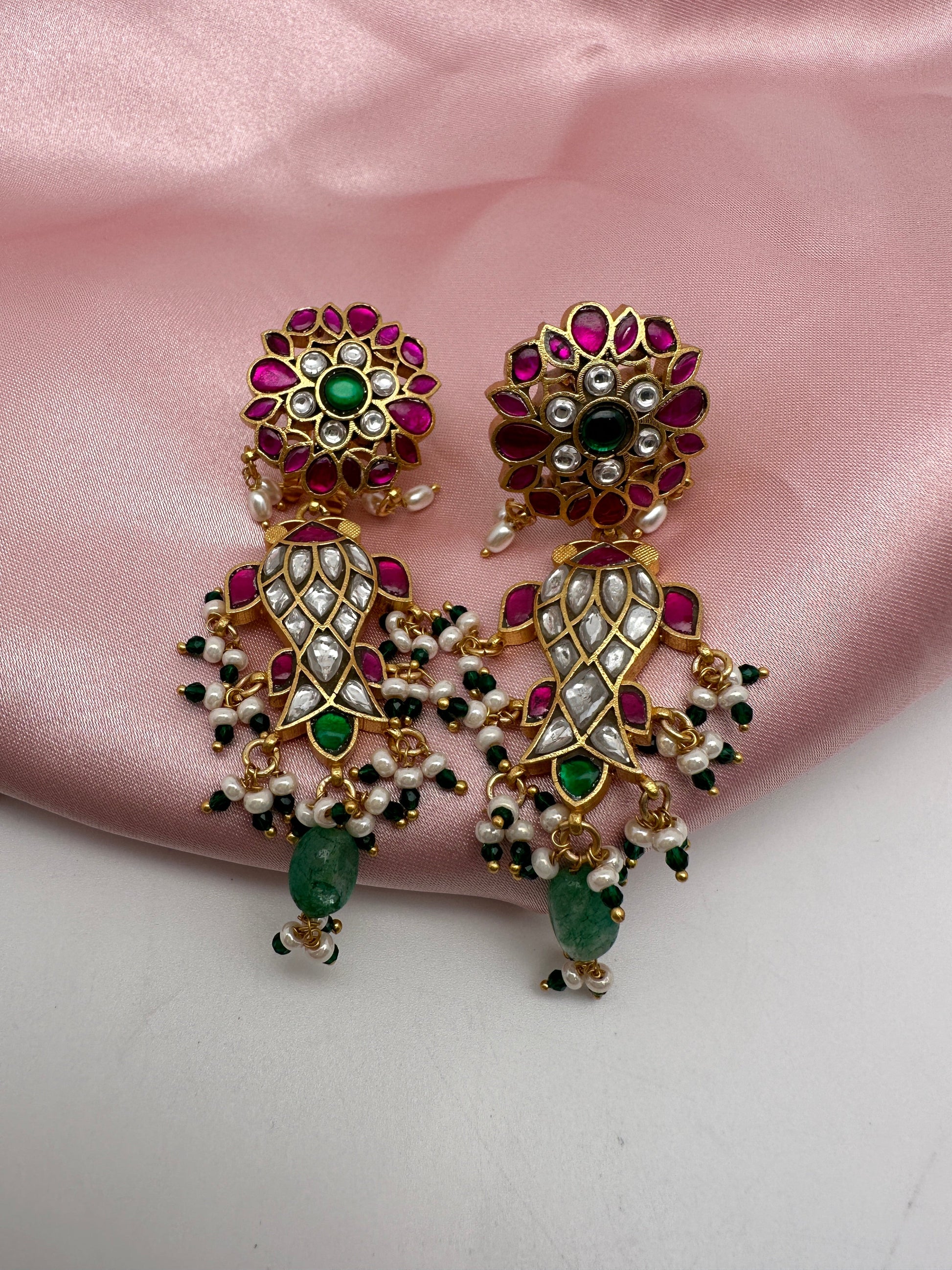 Red Green Jadau Kundan Fish Design Earrings