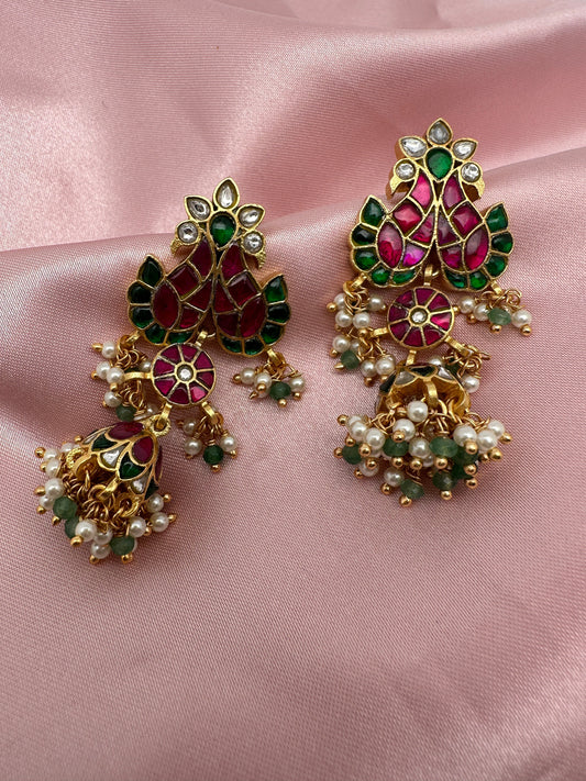 Red Green Jadau Kundan Peacock Design Jhumki Earrings