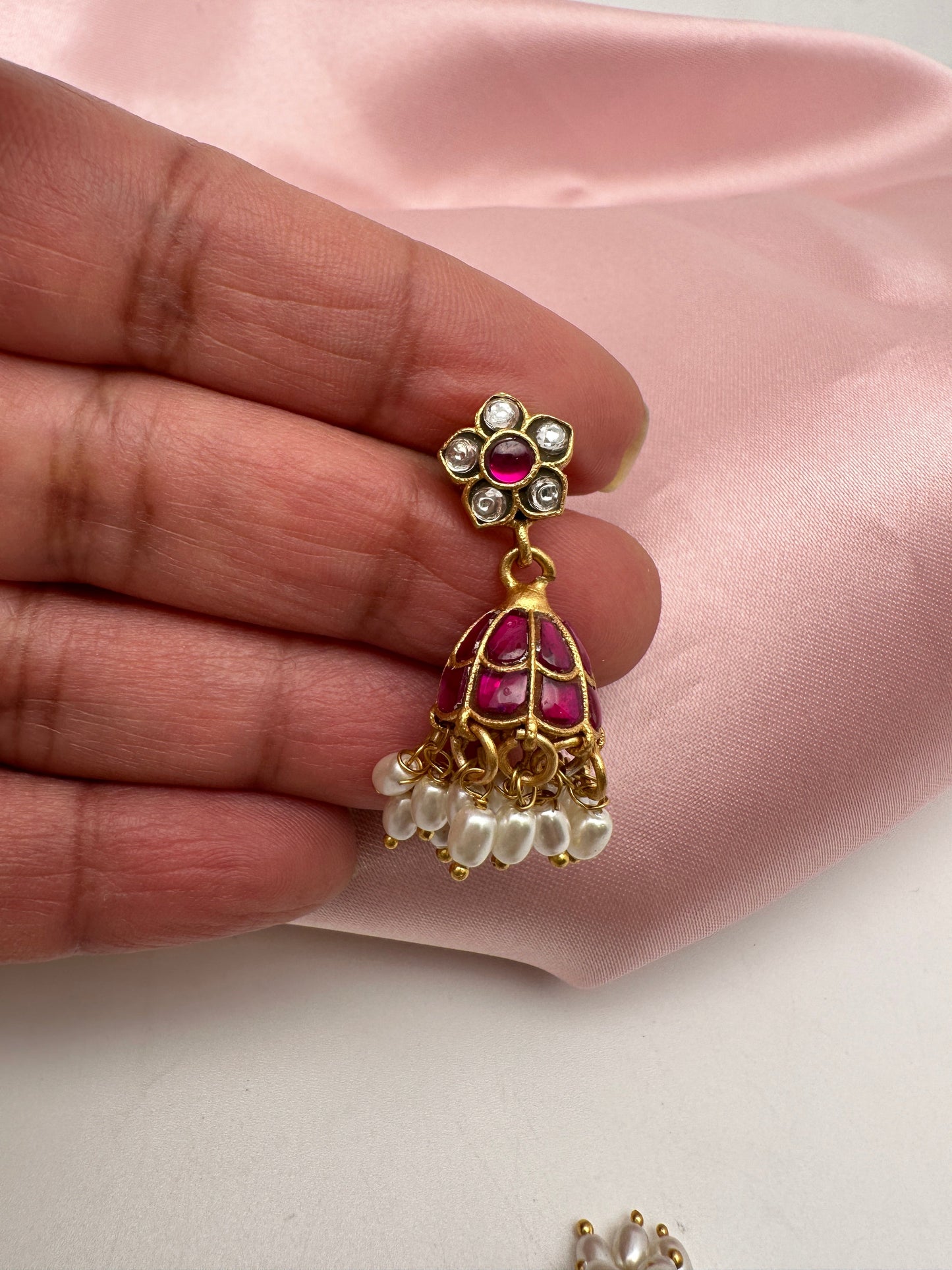 Small Pink Jadau Kundan Jhumki Earrings