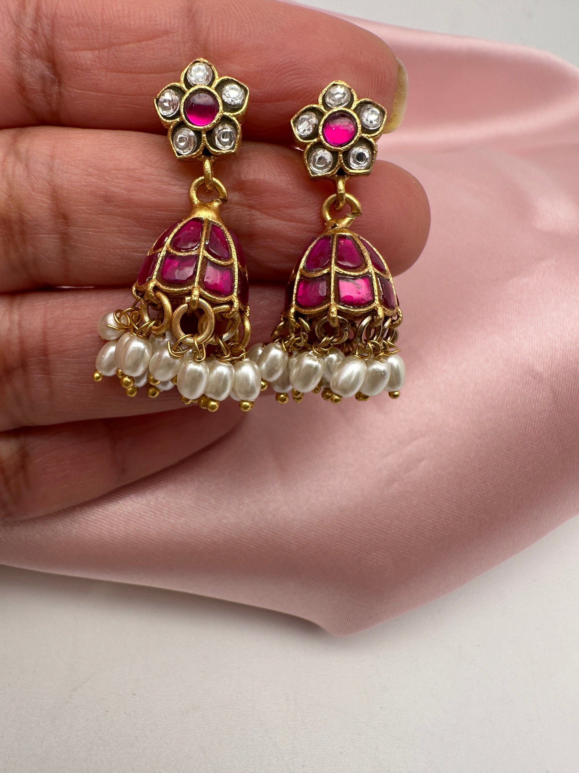 Small Pink Jadau Kundan Jhumki Earrings