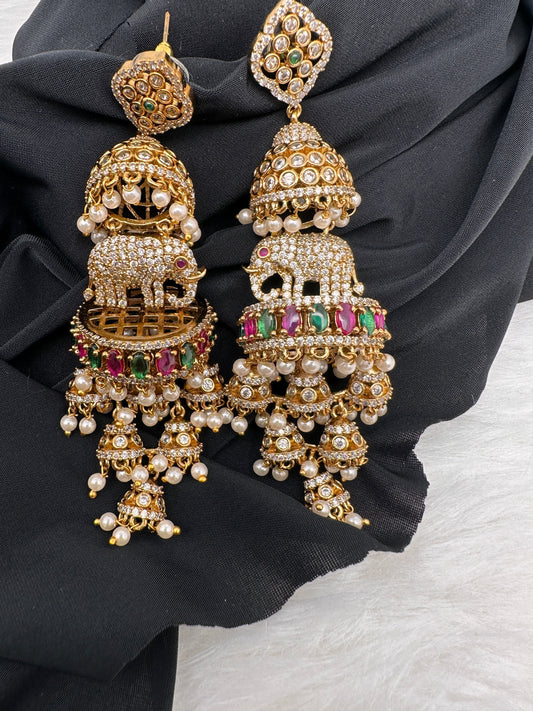 Matte CZ Elephant Multi Layer Long Jhumka Earrings