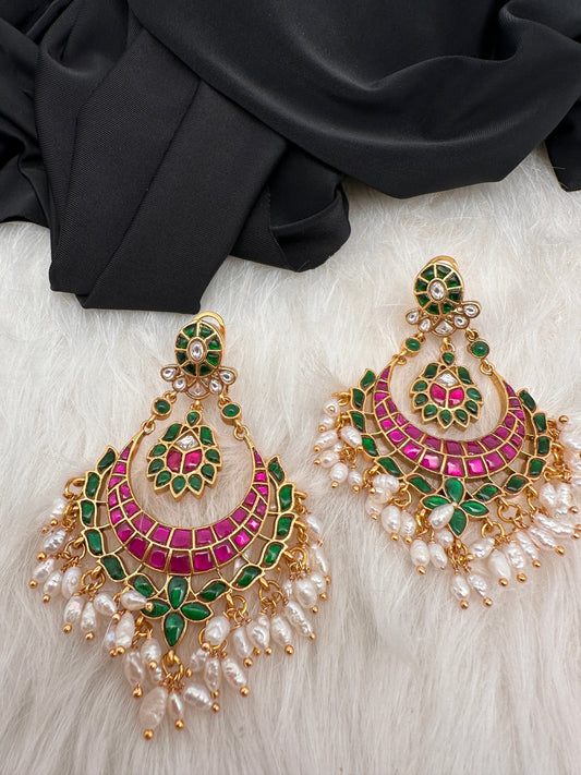 Red Green Jadau Kundan Chandbali Earrings