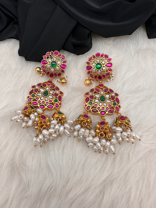 Red Green Rice Pearls Jadau Kundan  Earrings