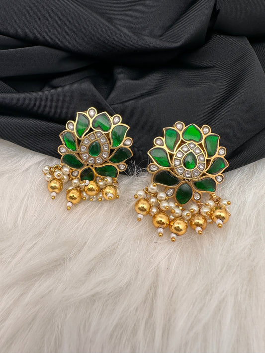 Green Lotus Jadau Kundan Earrings