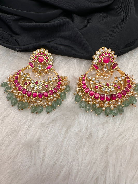 Red Green Jadau Kundan Pearls Chandballi Earrings