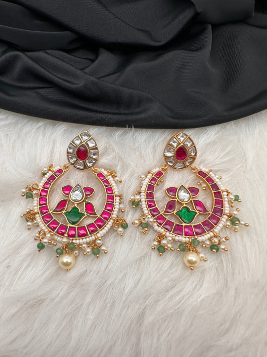 Red Green Jadau Kundan Chandbali Earrings