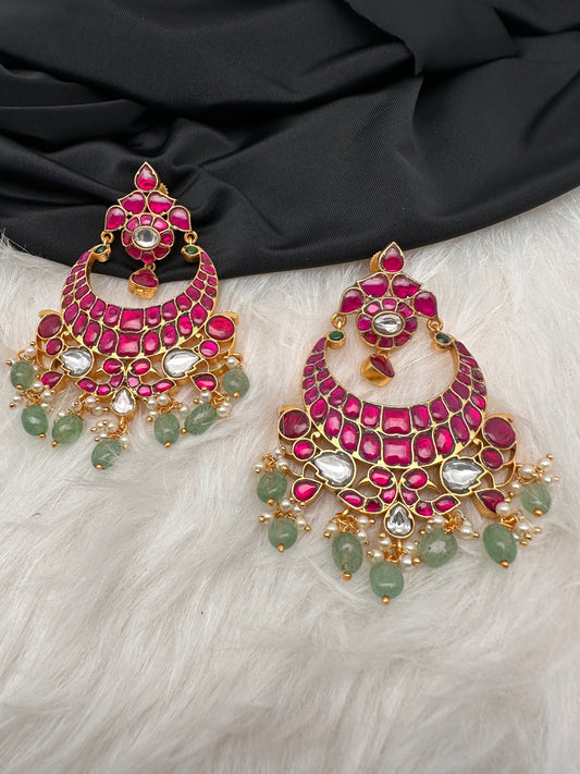 Pink Green Jadau Kundan Chandballi Earrings