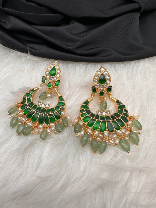 Green Jadau Kundan Chandballi Earrings