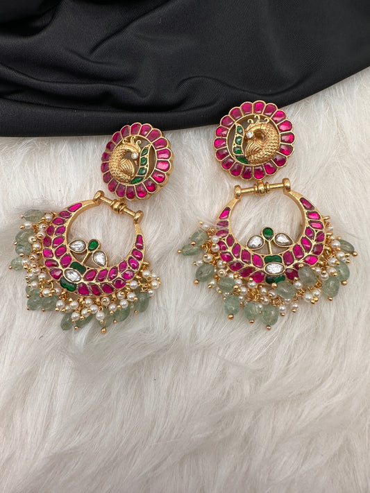 Peacock Red Green Jadau Kundan Chandballi Earrings