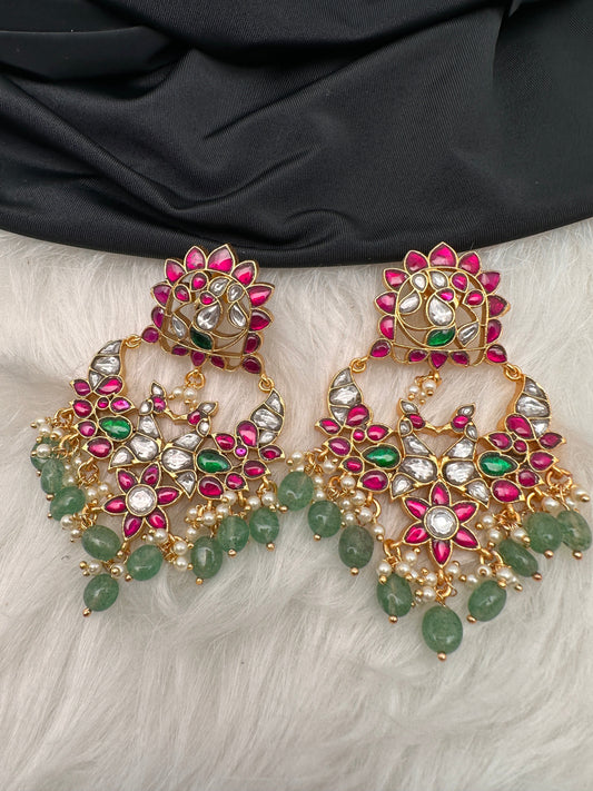 Peacock Red Green Jadau Kundan Chandballi Earrings