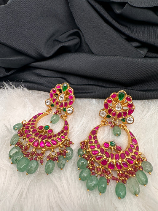 Red Green Jadau Kundan Chandbali Earrings