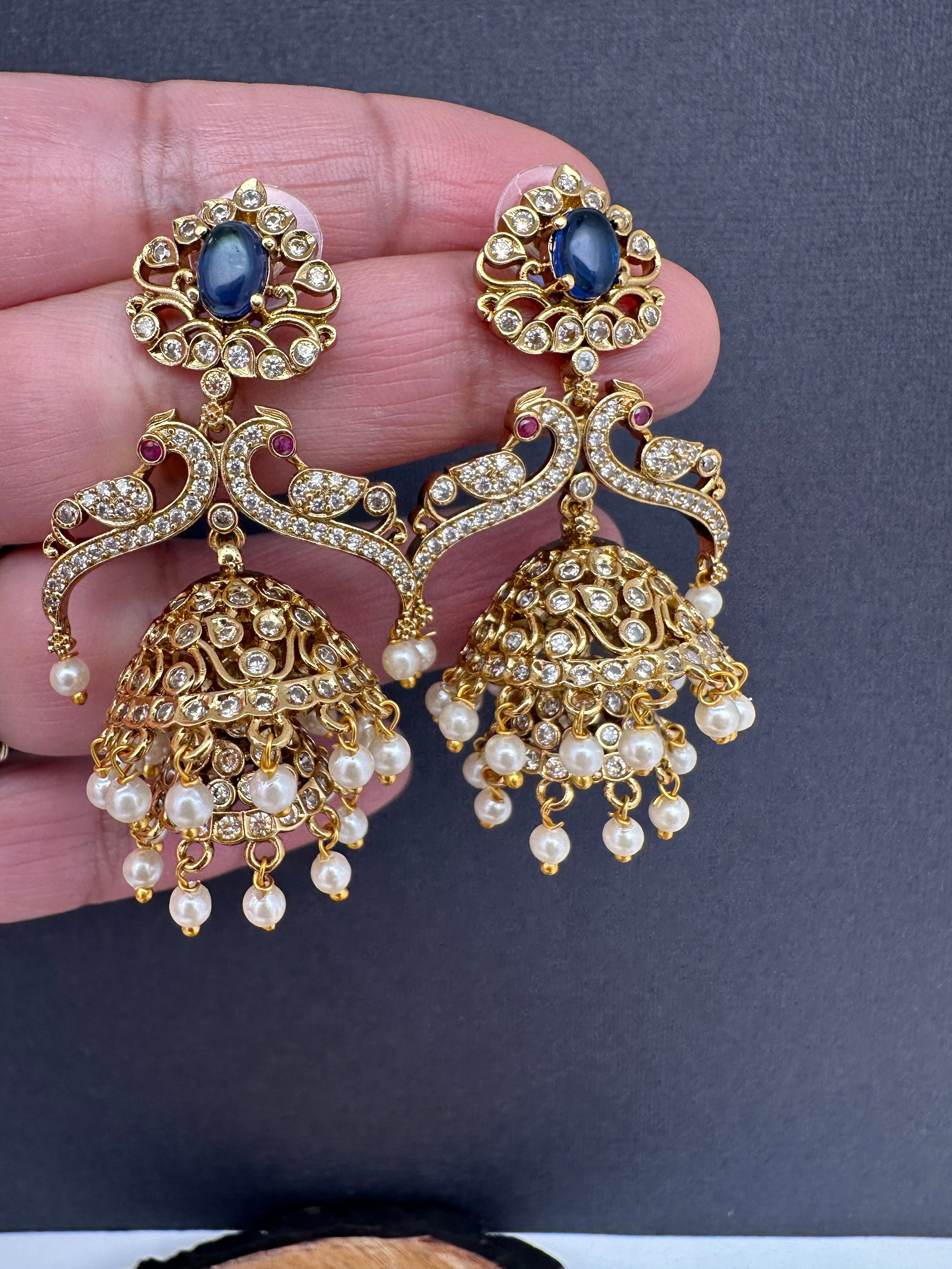 Peacock Pattern Matte Jhumki Earrings - Blue