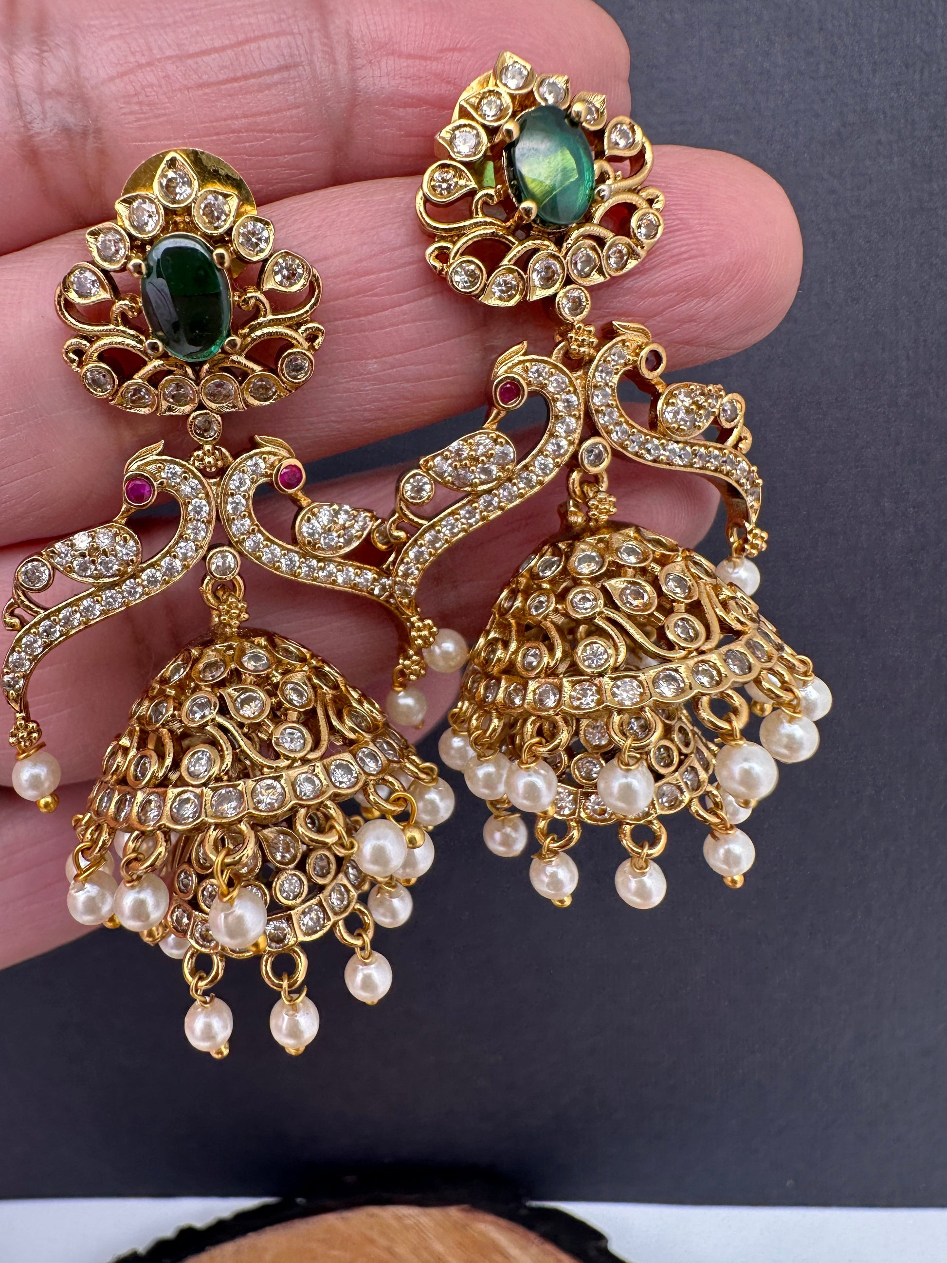 Peacock Pattern Matte Jhumki Earrings - Green