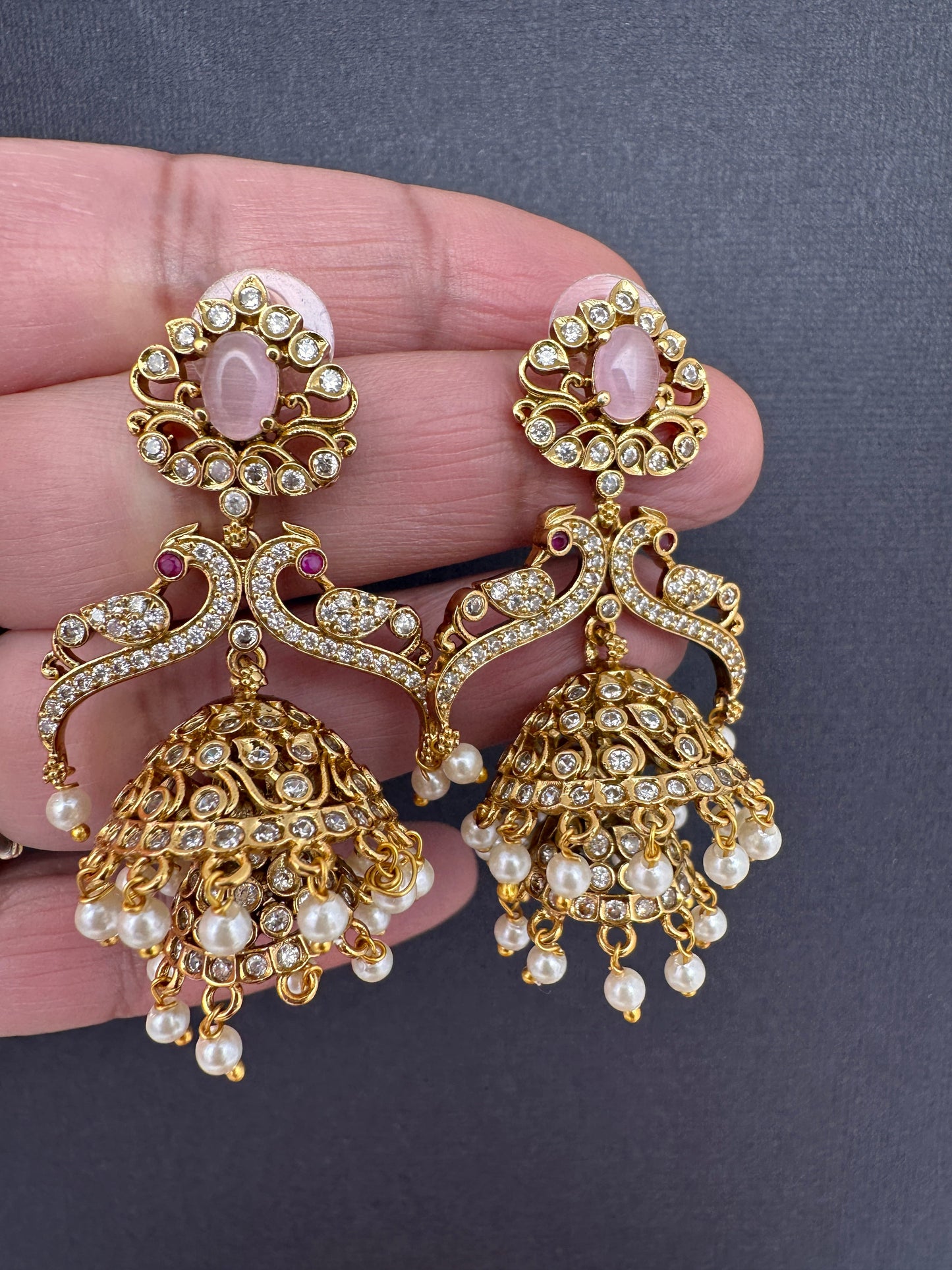 Peacock Pattern Matte Jhumki Earrings - Pink