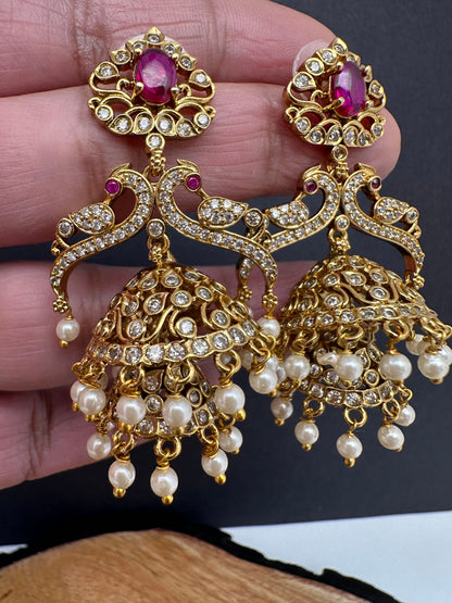 Peacock Pattern Matte Jhumki Earrings - Red