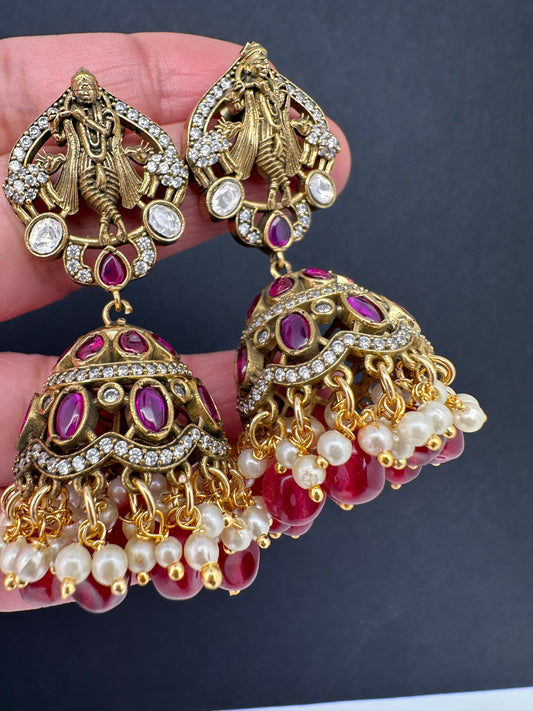 Krishna Jhumki Earrings - Red