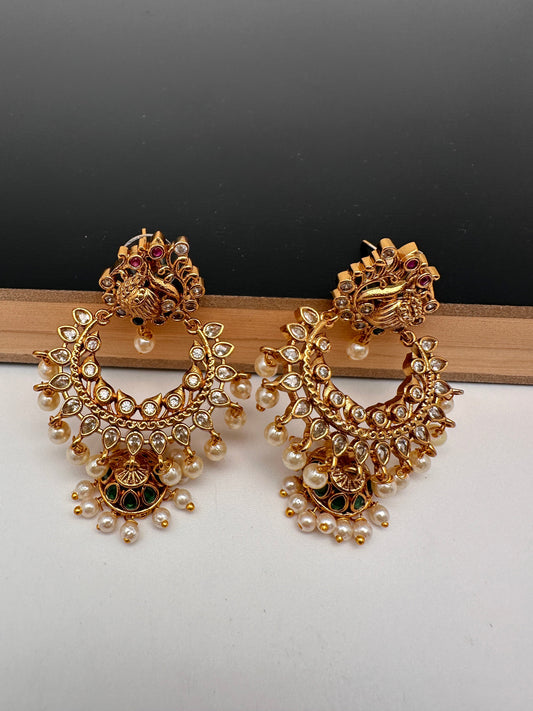 Peacock Pattern Matte Chandballi Jhumki Earrings