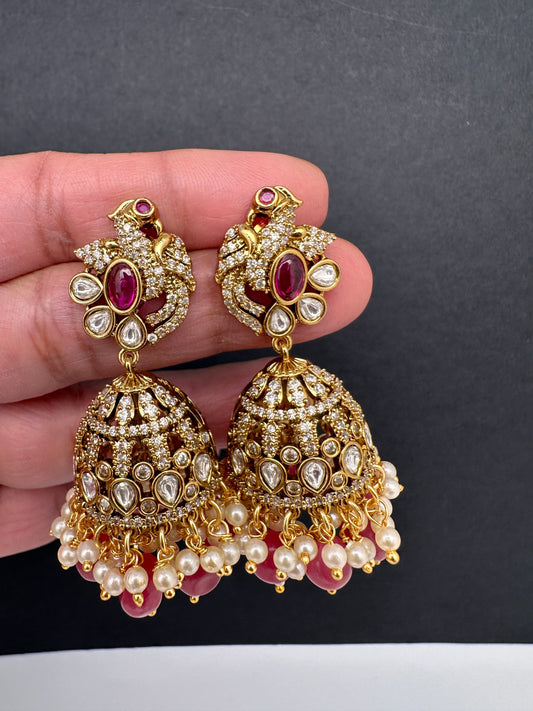 Moissanite AD Peacock Beads Jhumkas - Red