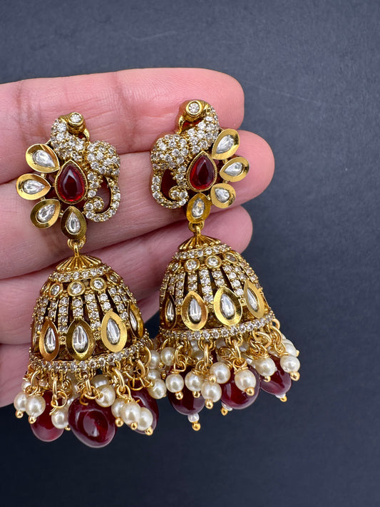 Kundan Moissanite AD Peacock Beads Jhumkas - Red