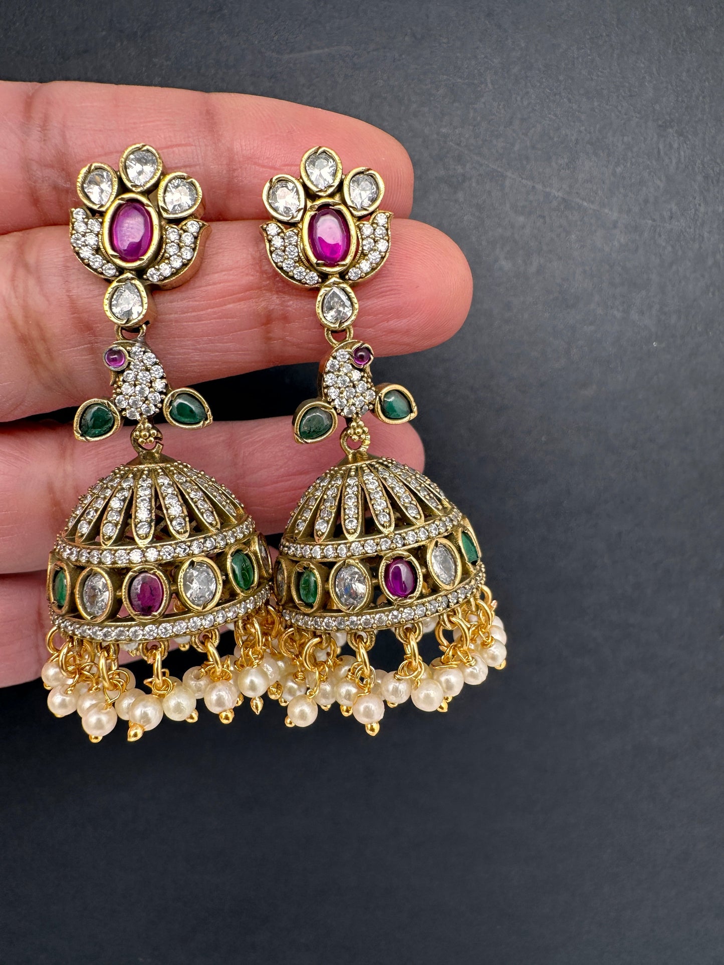 CZ Moissanite AD Peacock Victorian Jhumkas - Red