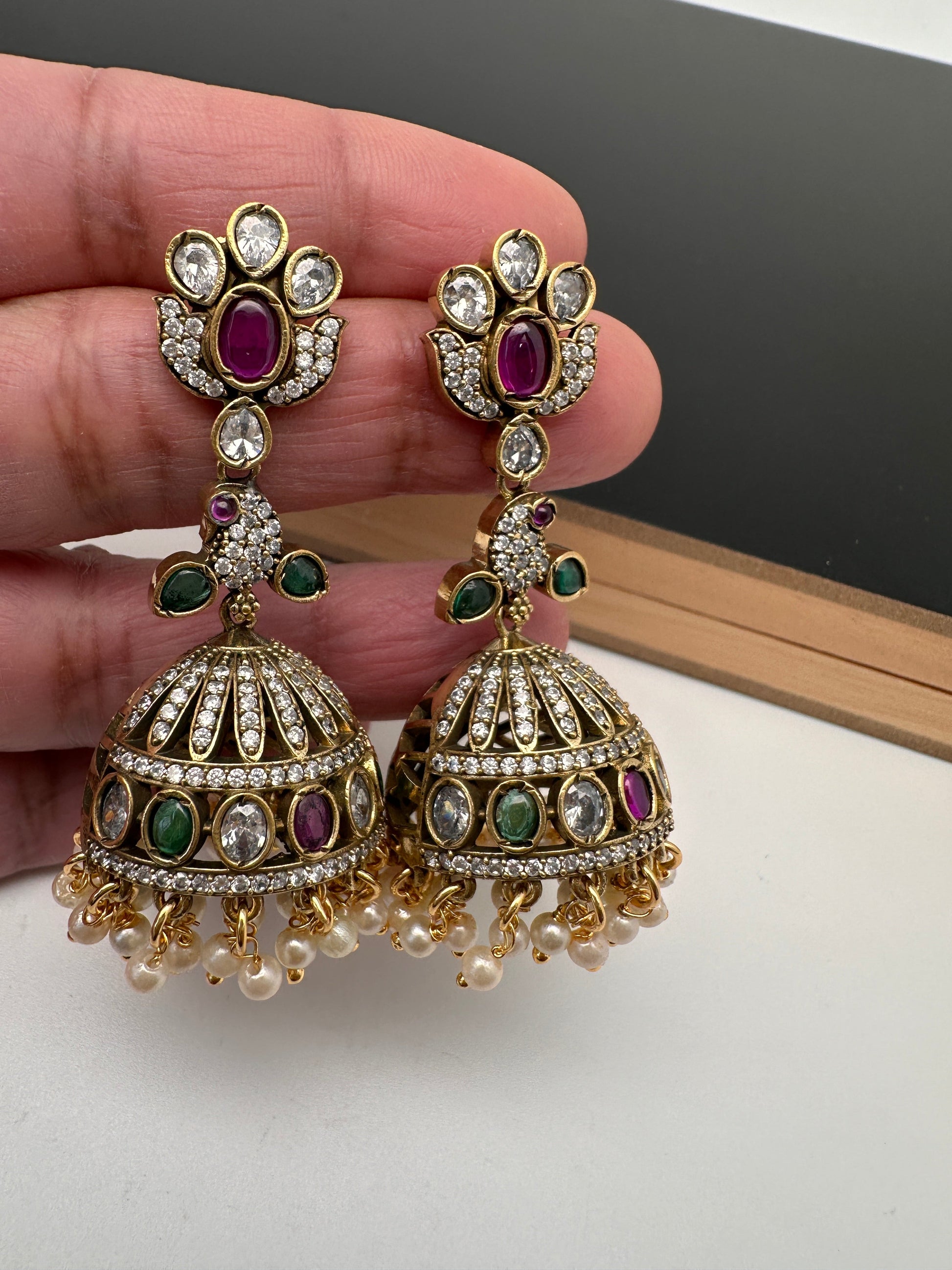 CZ Moissanite AD Peacock Victorian Jhumkas - Red