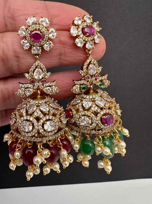 CZ Moissanite AD Jhumkas - Red