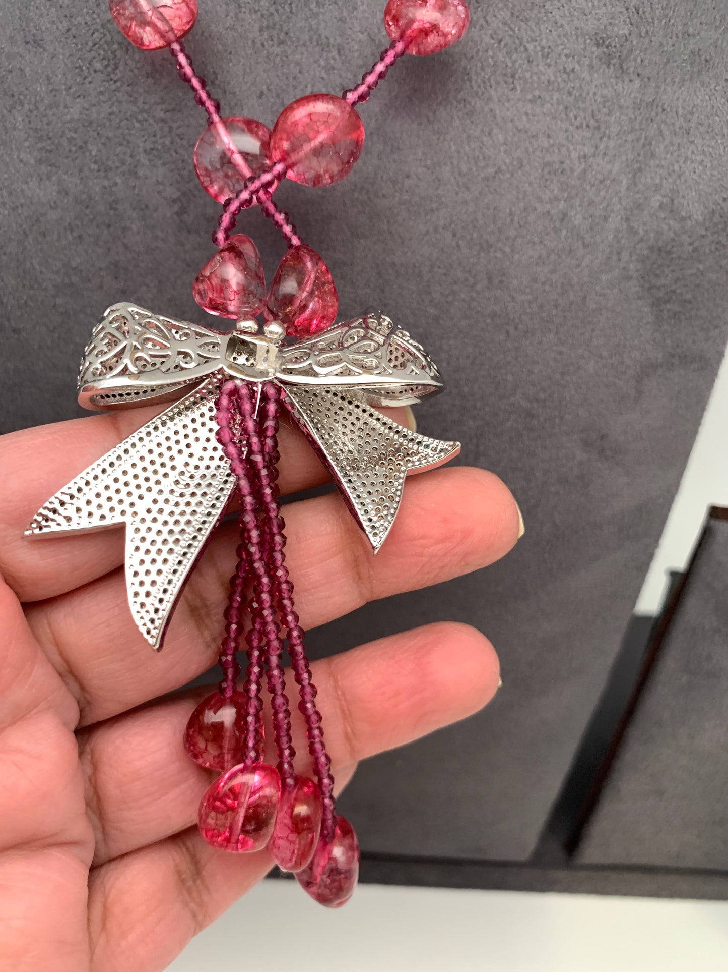 AD Bow Pendent Pink Beads Mala