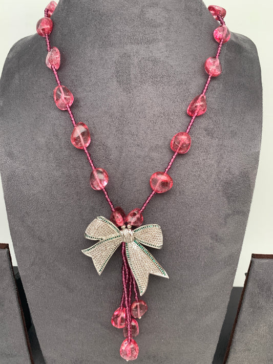 AD Bow Pendent Pink Beads Mala