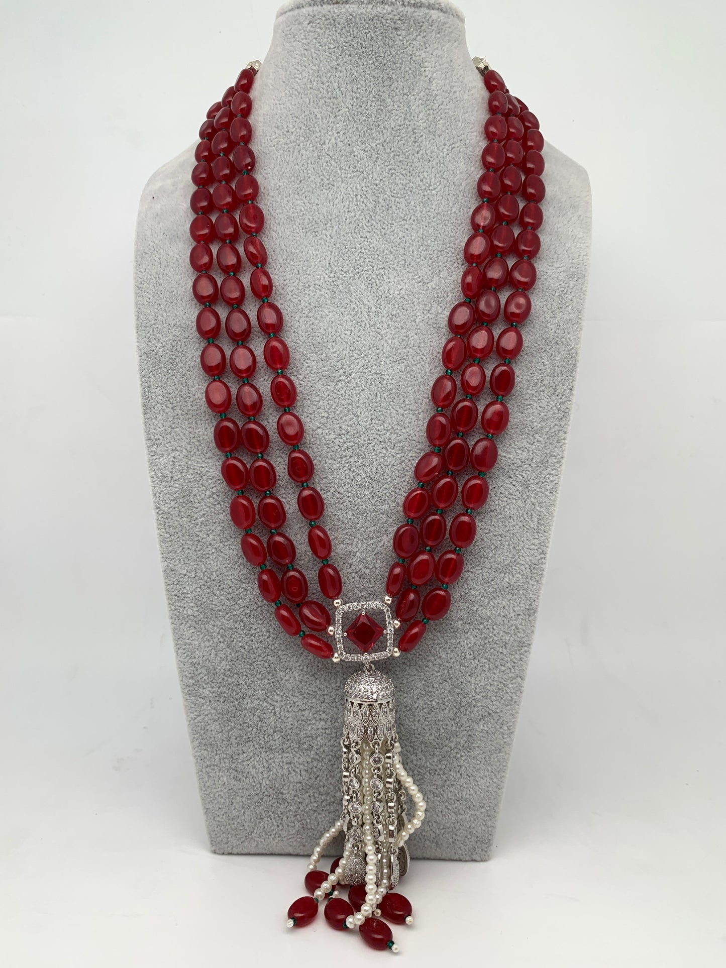 AD Red Stone Pendent Red Monalisa Beads Mala