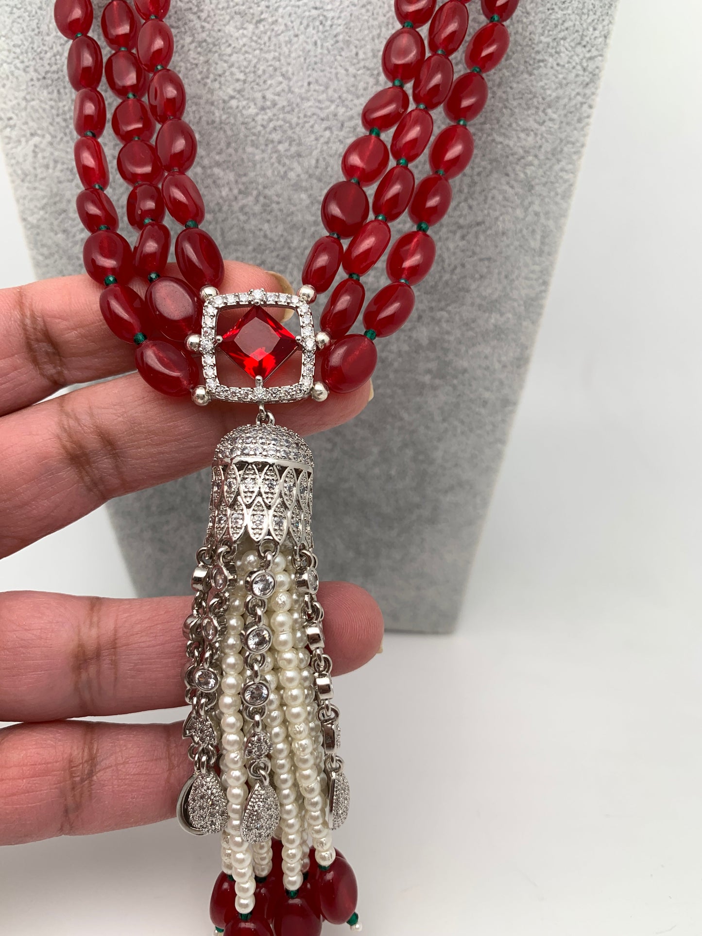 AD Red Stone Pendent Red Monalisa Beads Mala