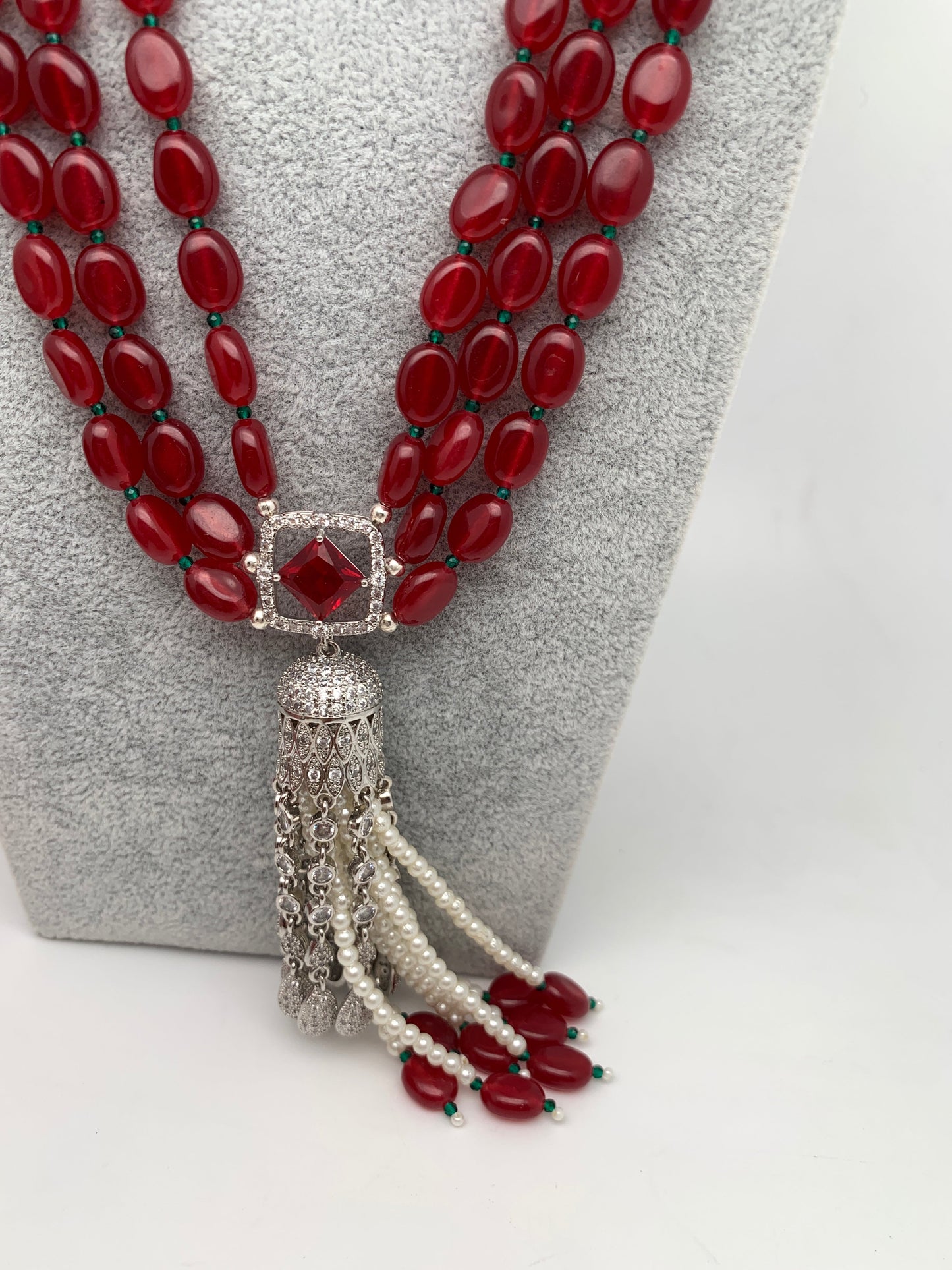 AD Red Stone Pendent Red Monalisa Beads Mala