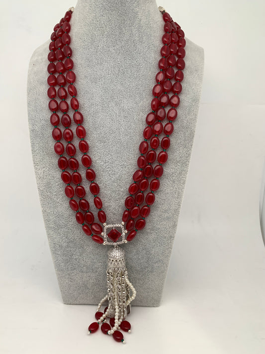 AD Red Stone Pendent Red Monalisa Beads Mala