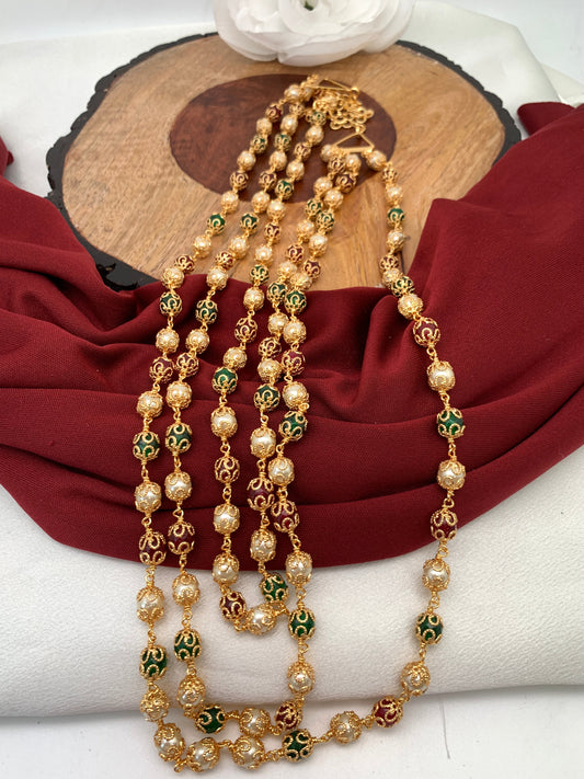 Red Green Multi Color Pearls Three Line Golden Mala