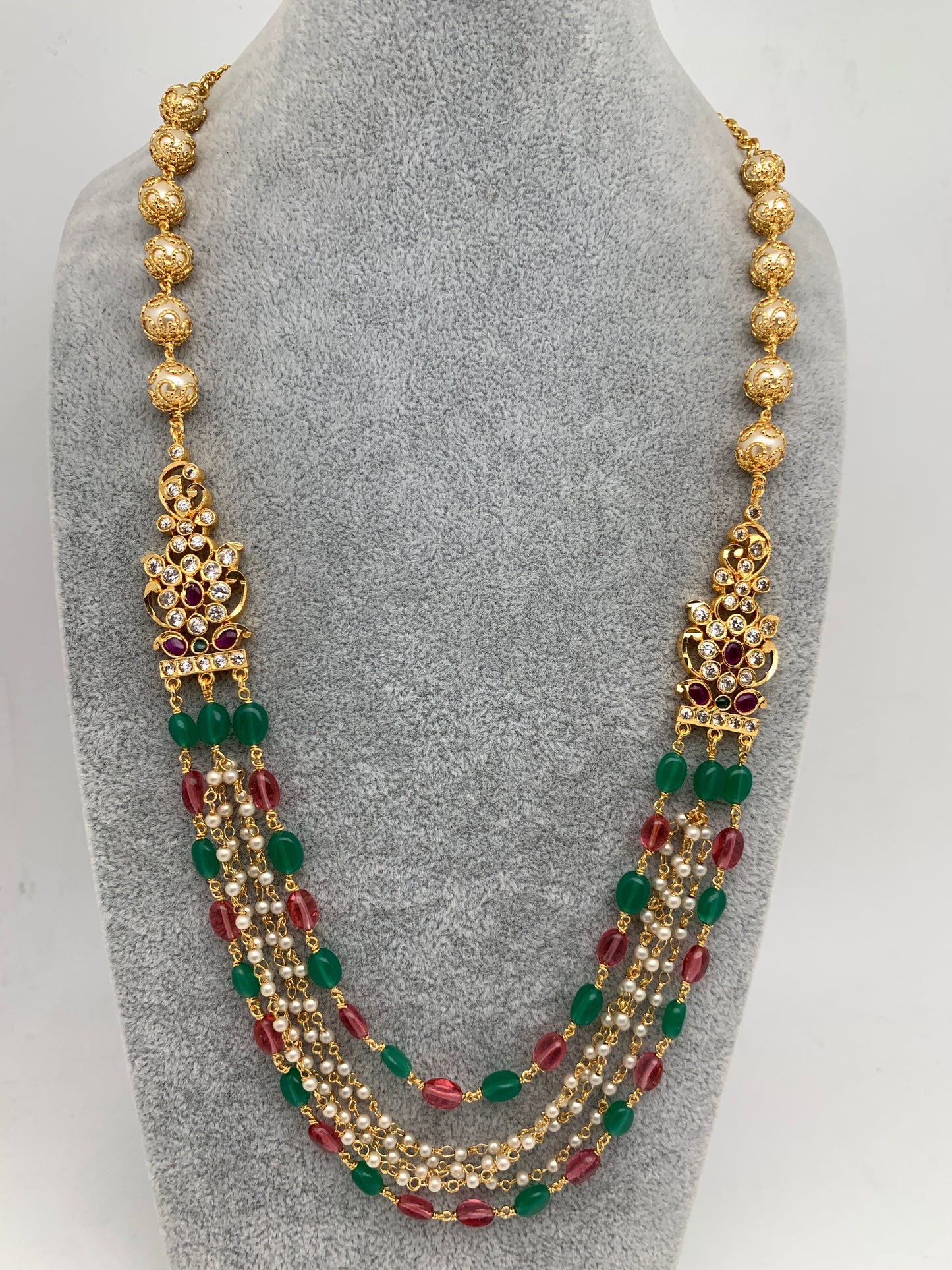 Pink and Green Beads Pearls Side Pendent Necklace