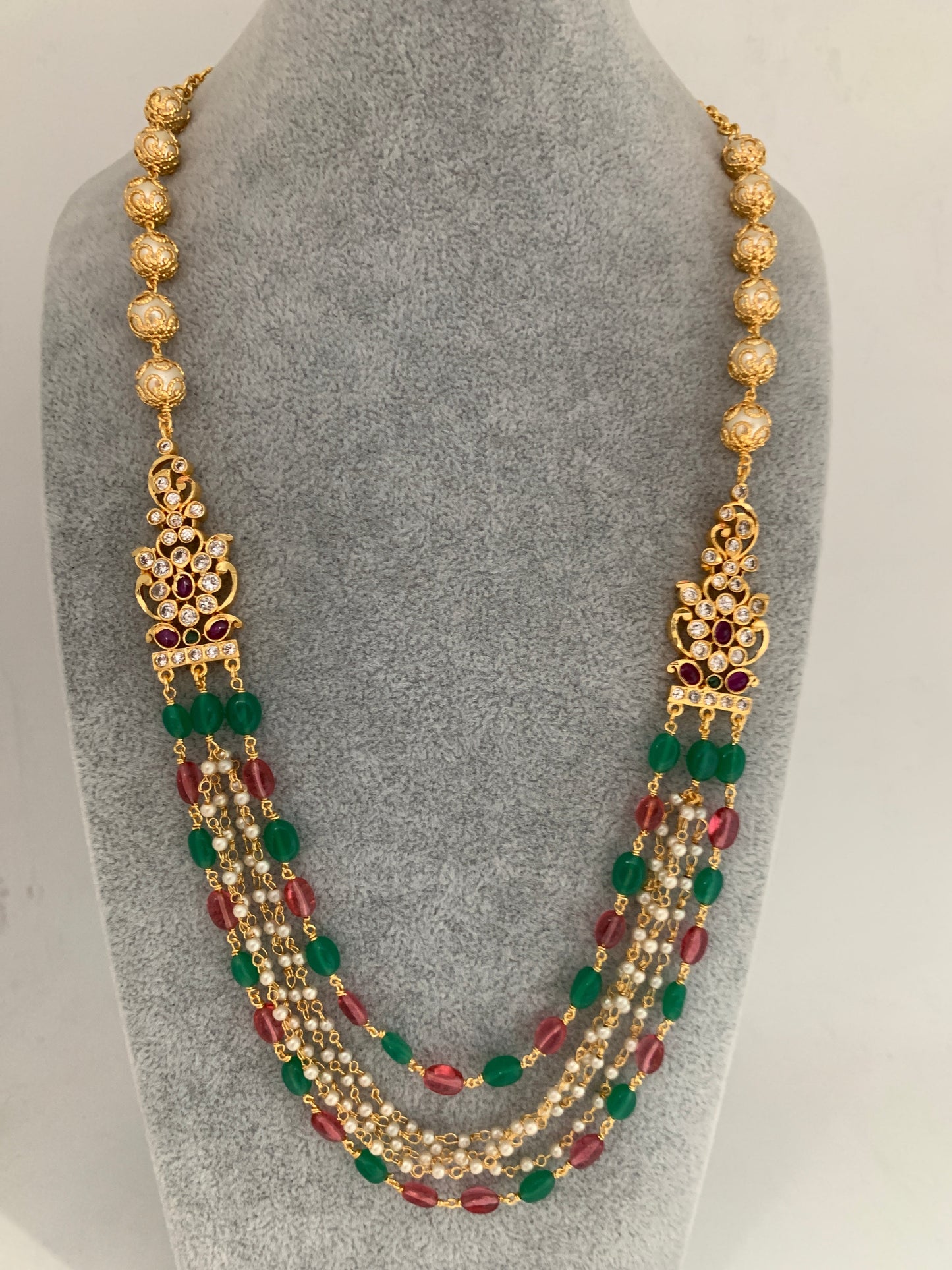 Pink and Green Beads Pearls Side Pendent Necklace