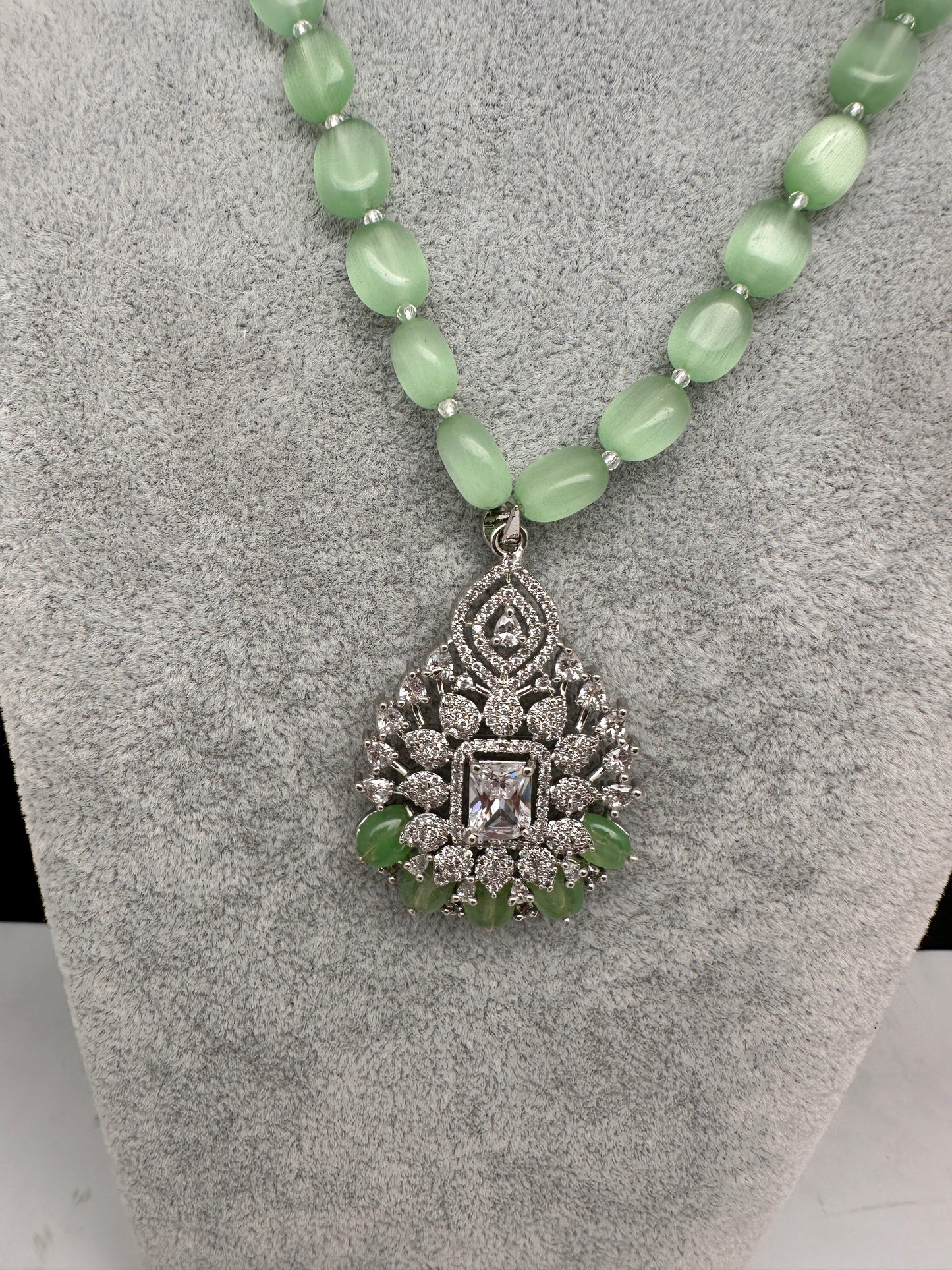 AD Silver Finish Pendent Single Line Color Monalisa Beads Necklace - Green