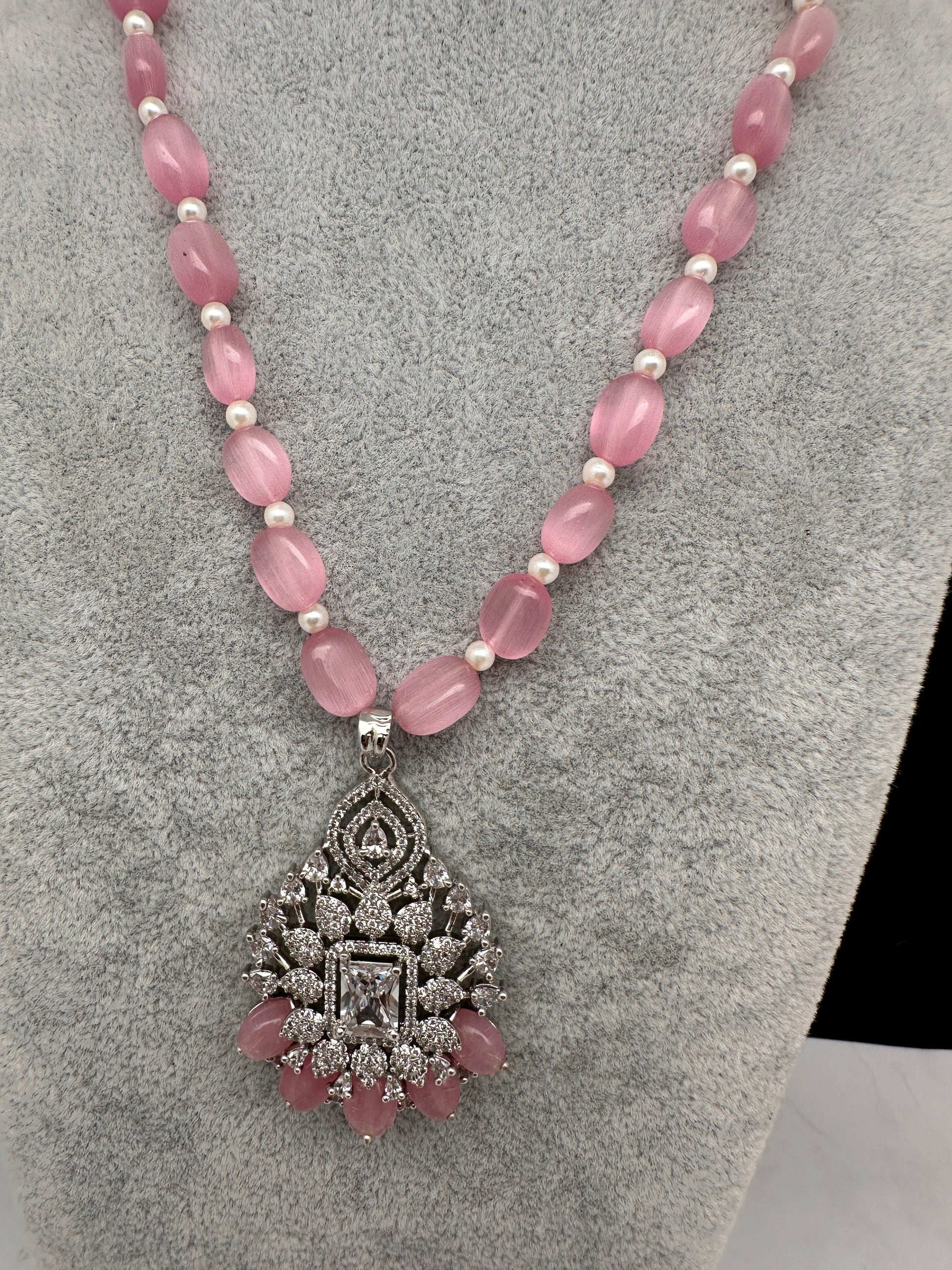 AD Silver Finish Pendent Single Line Color Monalisa Beads Necklace - Pink