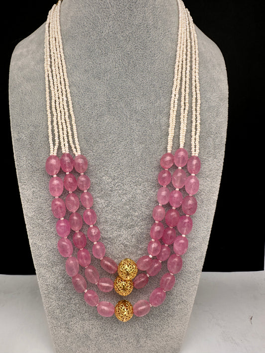 Real Rose Quartz Multi Layer Mala Necklace