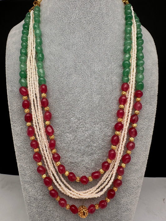 Ruby Emerald Pearls Nakshi Multi Layer Necklace